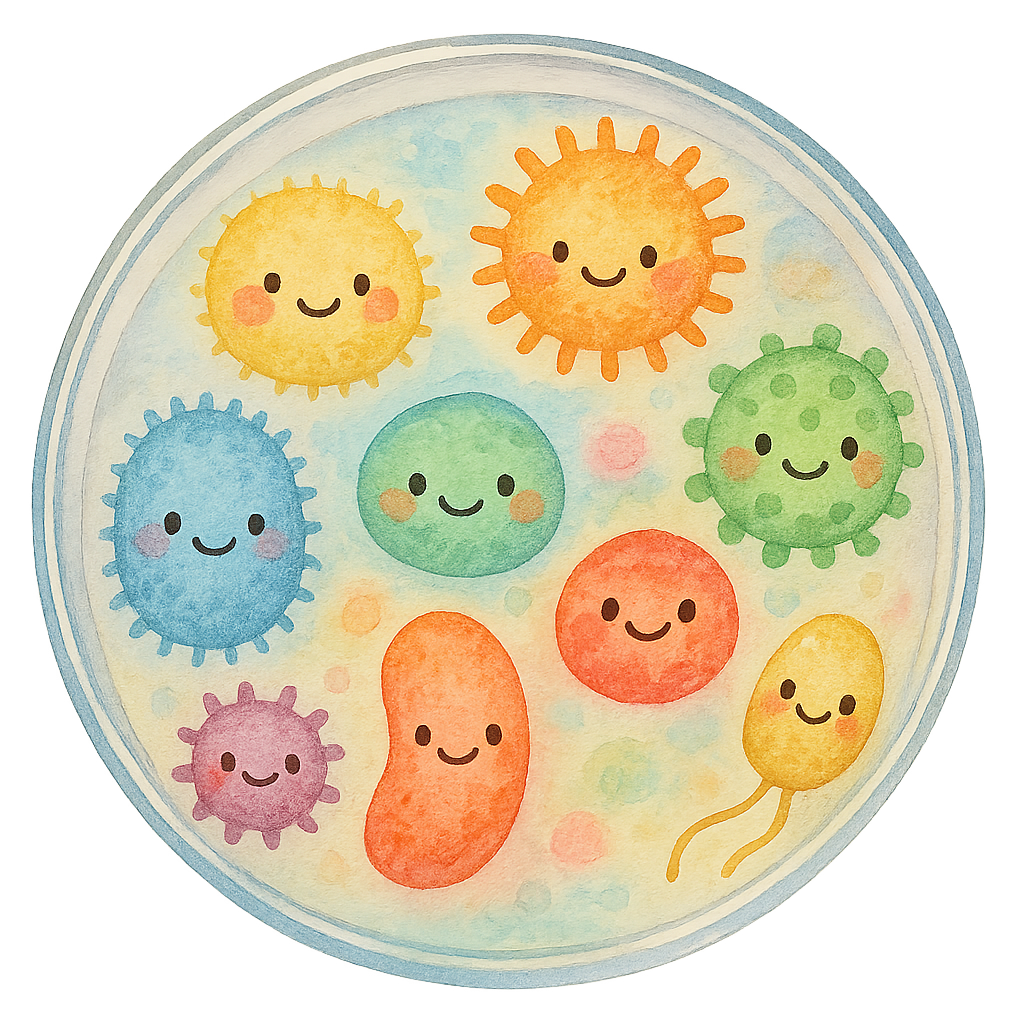 rich watercolor illustration, cute kawaii microbiology character, clear petri dish with tiny colorful smiling germs inside, soft blended pigments, friendly expressions, no text, no border, no color overlap around the edges, transparent background