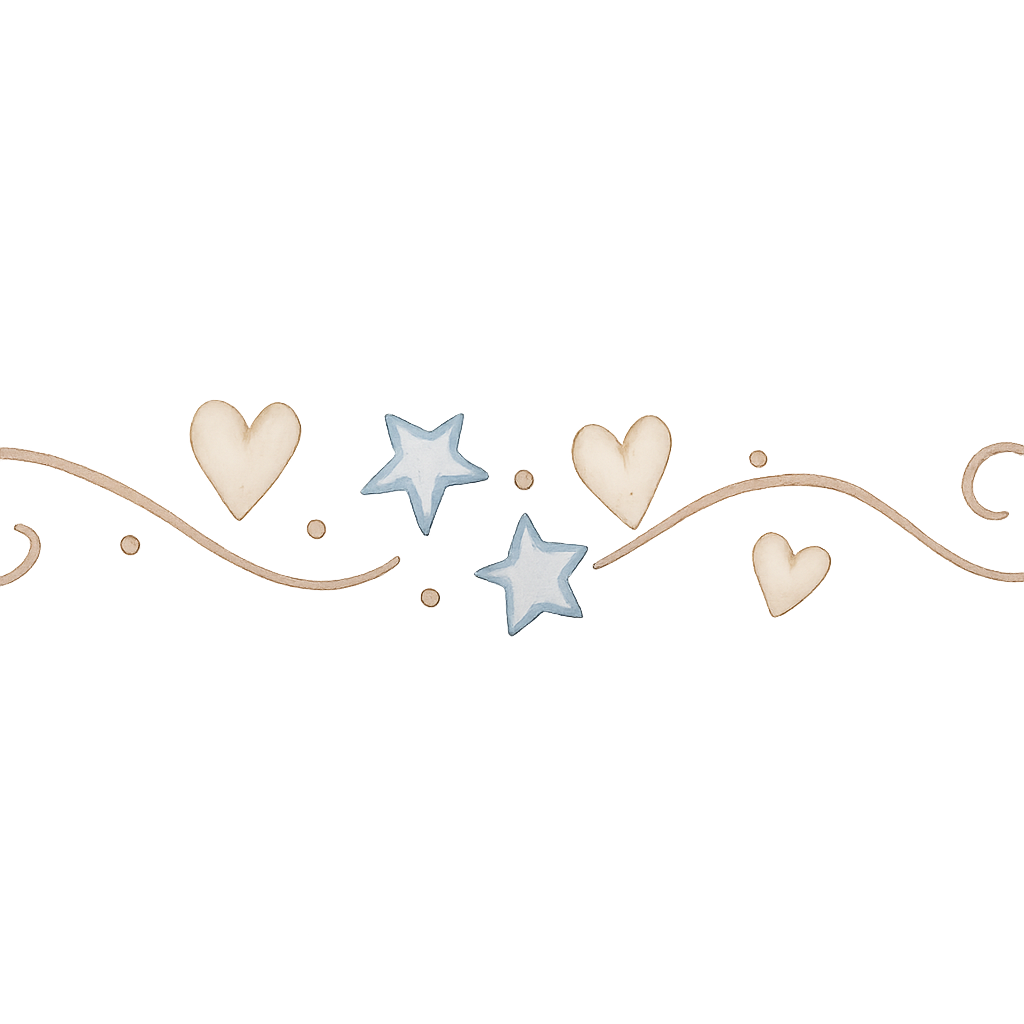 watercolor vintage decorative divider, delicate line with small stars, hearts or dots, pastel blue beige and brown tones, hand-painted look, elegant and soft baby shower style, transparent background, high quality