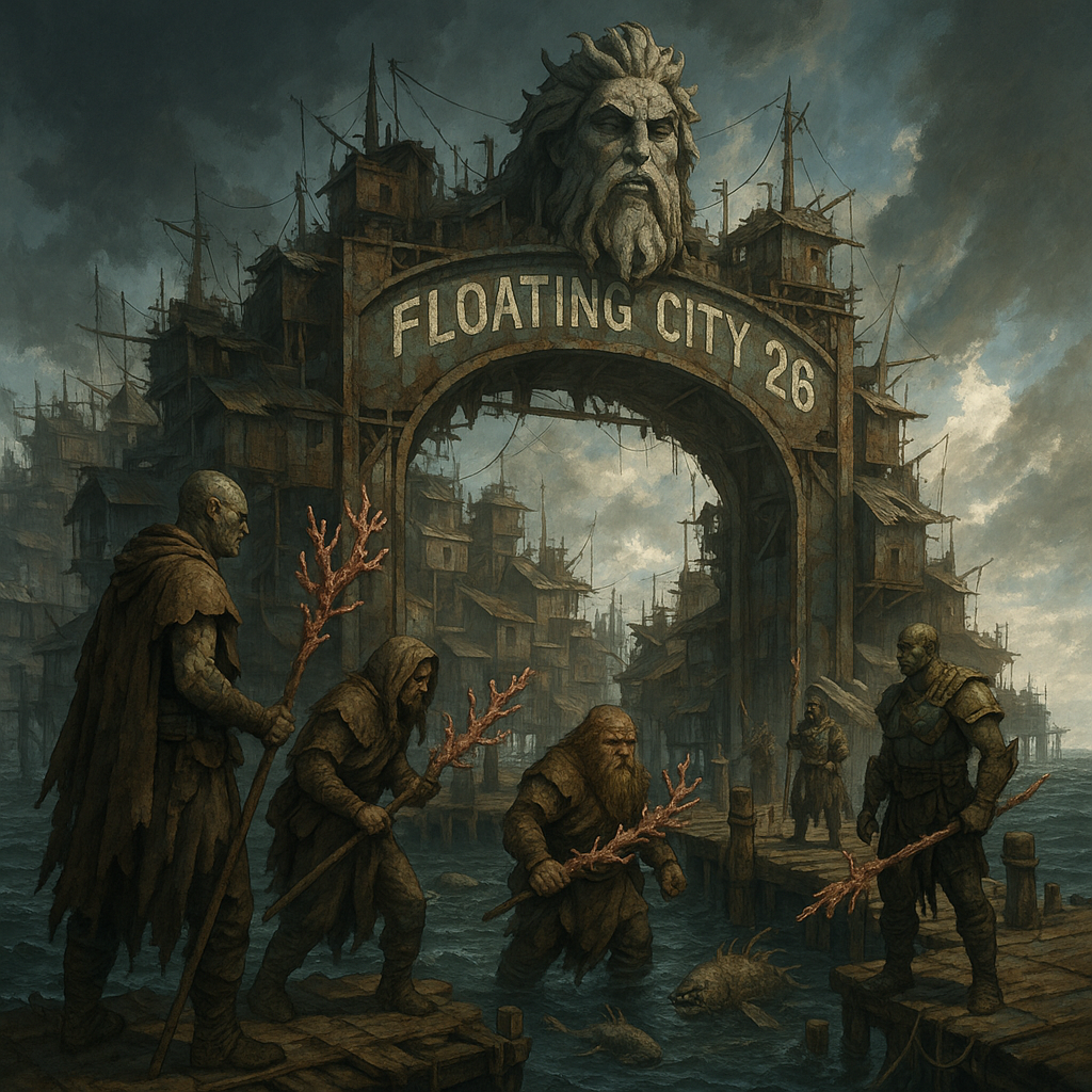 A post-apocalyptic water settlement city with people in torn fantasy attire, armed with coral weapons, a dystopian scene with a makeshift city structure made of scrap metal and wood. The sky is a dramatic blue, with a contrast of sunlight breaking through in the background, casting light on the water. The style is CINEMATIC, capturing the chaotic and dynamic environment. The composition is asymmetric, emphasizing the intensity and urgency of the scene. The mood is tense and survival-focused, set in an indeterminate time of day, likely midday. The color palette includes muted blues, browns, and grays, with a gritty and detailed appearance. cinematic, single large gate and dock entrance, says floating city 26, orcs and dwarves, stone image of ocean god, sea creatures in water, gate guards