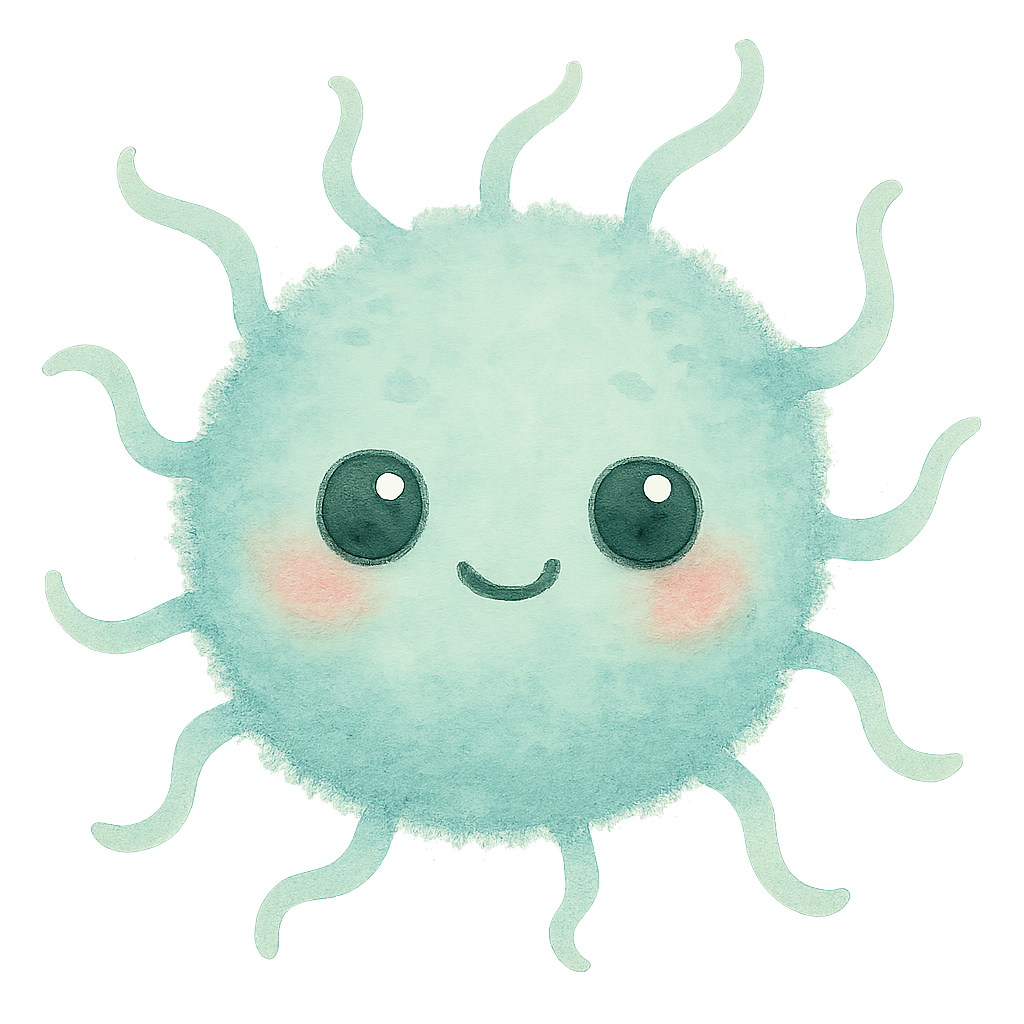 soft watercolor illustration of a cute round teal bacteria with wavy flagella, big shiny kawaii eyes, rosy cheeks, gentle pastel colors, soft edges, friendly expression, no text, no border, transparent background