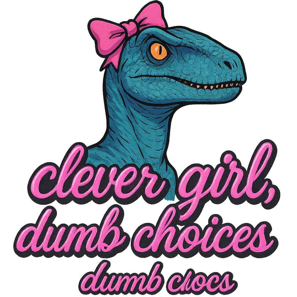 Create a blue velociraptor with a pink bow with the caption "clever girl, dumb choices" with the words having a flashy  but pretty font and color