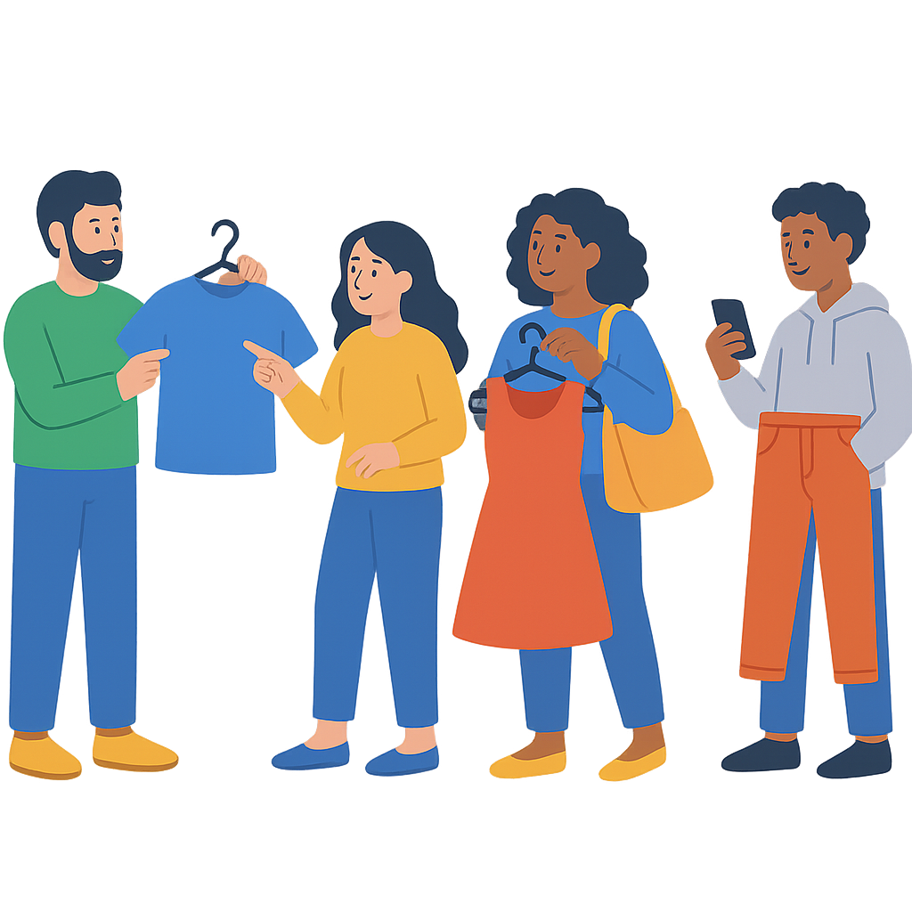 reference google.com website style illustration style with a clean, transparent background and characters in different poses. Based on  my request for a similar illustration where characters are looking at clothes they want to buy,