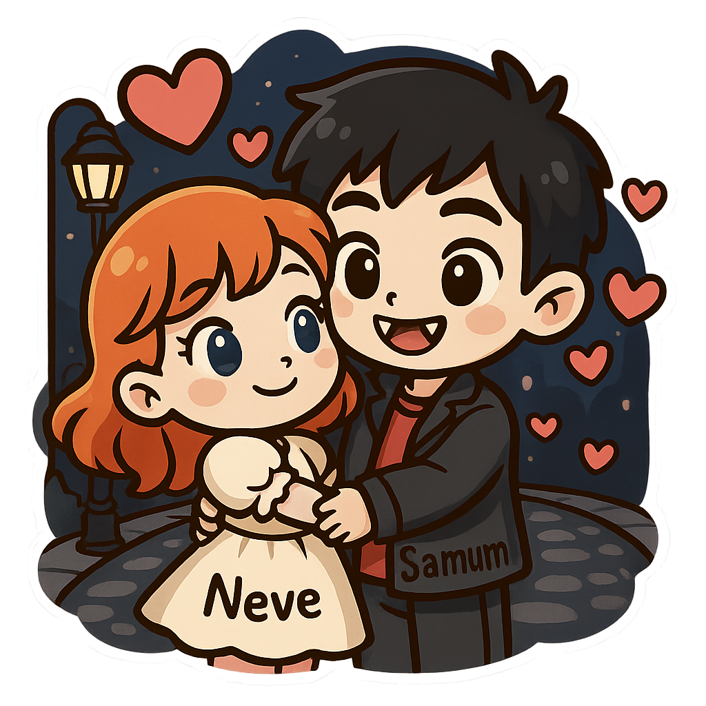 Cute cartoon couple, girl with orange hair and blue eyes wearing sweet dress with "Neve", boy with black hair and brown eyes vampire teeth wearing cuteoutfit with "Samum", have a hug in the street of hearts in the night, sweet couple sticker style, transparent background, 512x512