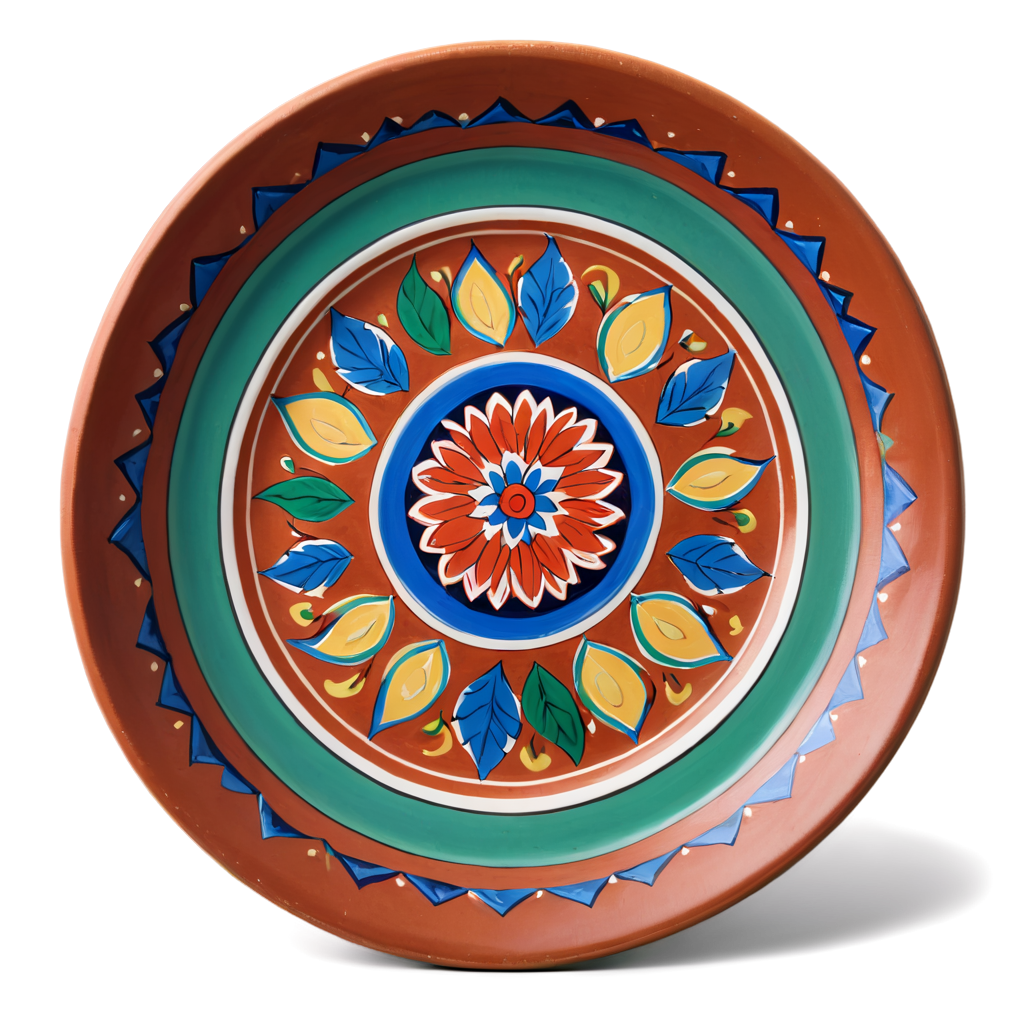A vibrant, artistic, image of a stylized traditional Bangladeshi clay plate, angled slightly to the right, The plate is a rich, reddish-brown terracotta, featuring an intricate, hand-painted, colorful Alpona design around the rim, evoking the spirit of Pahela Boishakh. The plate is filled with a stylized rendition of Panta Bhat (soaked rice), depicted with visible grains and subtle water reflections.  Beside it is a beautifully rendered, slightly cartoonish Ilish Mach (Hilsa fish) with exaggerated, shimmering silver scales. Surrounding them are various colorful, stylized Bengali sweets like  gurer sandesh, nolen gurer payesh, and patishapta,  each distinct and visually appealing, arranged artfully.  The lighting should be bright and celebratory, casting soft shadows that add depth but do not obscure the food. The overall style should be reminiscent of traditional Bangladeshi folk art, clean and uncluttered. detailed, highly sharp, clear, clean line, artistic, eye catching, very attractive, 128k extremely realistic,  uhd.