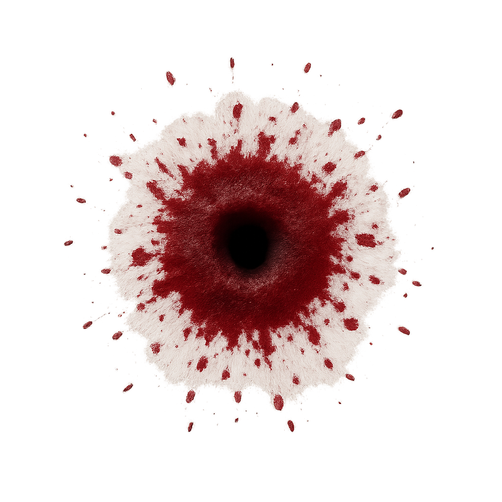 Top-down view of a single bullet hole decal, designed for video games, small round blood splatter with dark red dried edges, realistic but not gory, seamless texture, transparent background, isolated asset, centered on canvas, no objects, no text, no background, no 3D render, no extra elements.
