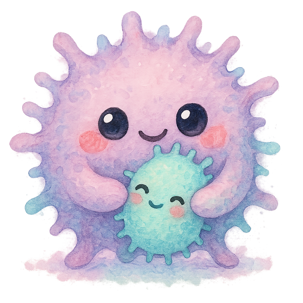 rich vibrant watercolor illustration, cute kawaii microbiology character, big fluffy macrophage nom-nom gently hugging a tiny pastel germ friend (wholesome, non-threatening), pastel lavender, mint, and cotton candy pink pigments, big shiny eyes, rosy cheeks, soft edges, no text, no border, transparent background, no color outside of graphic