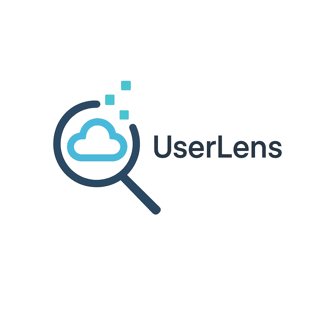 Prompt: Minimalist modern logo design for a software tool named UserLens, which helps users see and manage all their SaaS accounts. The logo should combine imagery of a lens or magnifying glass with digital or cloud motifs, suggesting clarity, insight, and data visibility. Clean geometric shapes, professional tech aesthetic, flat design, blue and teal color accents. Include the word “UserLens” in sleek sans-serif typography. Style: vector style, flat, modern tech brand logo, high contrast, no background, transparent PNG. Output: transparent background PNG, centered composition.