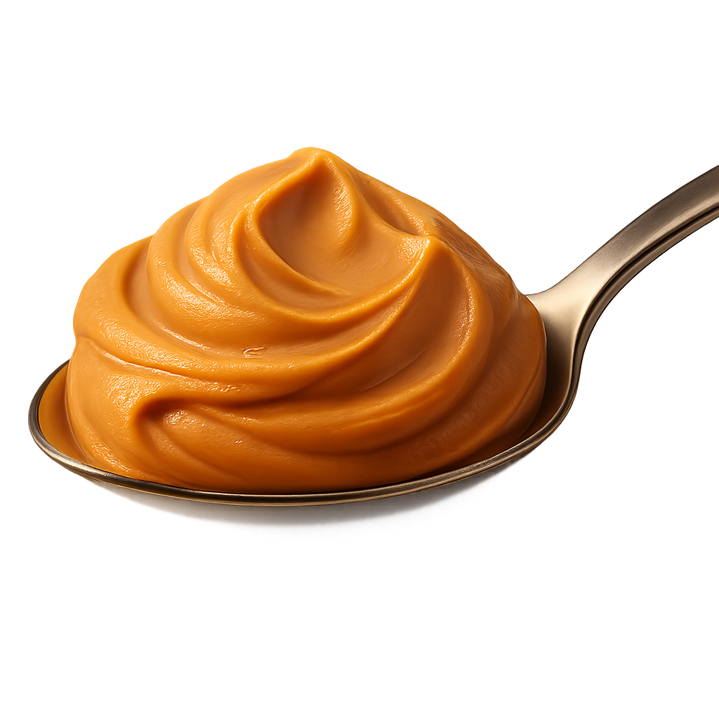 A realistic, appetizing spoonful of creamy smooth peanut butter resting on a clean stainless steel spoon. The peanut butter appears thick, velvety, and rich, with glossy highlights and soft texture ridges formed naturally during scooping. The spoon should look elegant and slightly reflective, with subtle studio lighting that creates warm, cozy, premium tones. Include a soft, natural shadow beneath the spoon and peanut butter so they appear physically resting in space. No background, no table, no additional objects — transparent PNG. Centered composition, high-end artisanal food photography quality, crisp focus, warm highlights, lifelike texture.