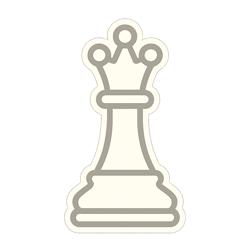 A flat, two-dimensional vector icon of a chess QUEEN piece, drawn in off-white color with no background. The design should be minimalistic, clean, and sticker-style, with smooth lines and no extra details.