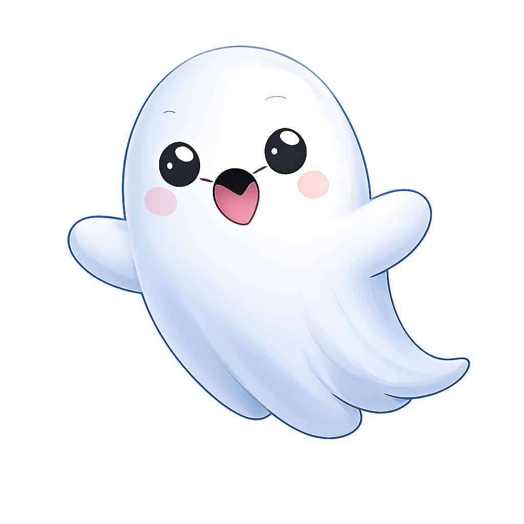 "A cute cartoon ghost character with mouth open like talking or surprised, transparent background, PNG