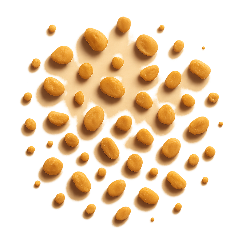 tiny scattered peanut crumbs, organic shapes, roasted peanut color, matte texture, soft warm overhead studio lighting, realistic tiny shadows under each crumb to appear resting physically on a label, transparent PNG background, macro detail but clean and minimal, premium artisanal food styling, natural cozy mood, elegant and subtle