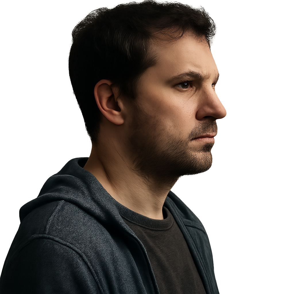 A MAN WITH SERIOUS EXPRESSION NOT TO BRIGHT LIGHTNING SIDE PROFILE IN CASUAL CLOTHES