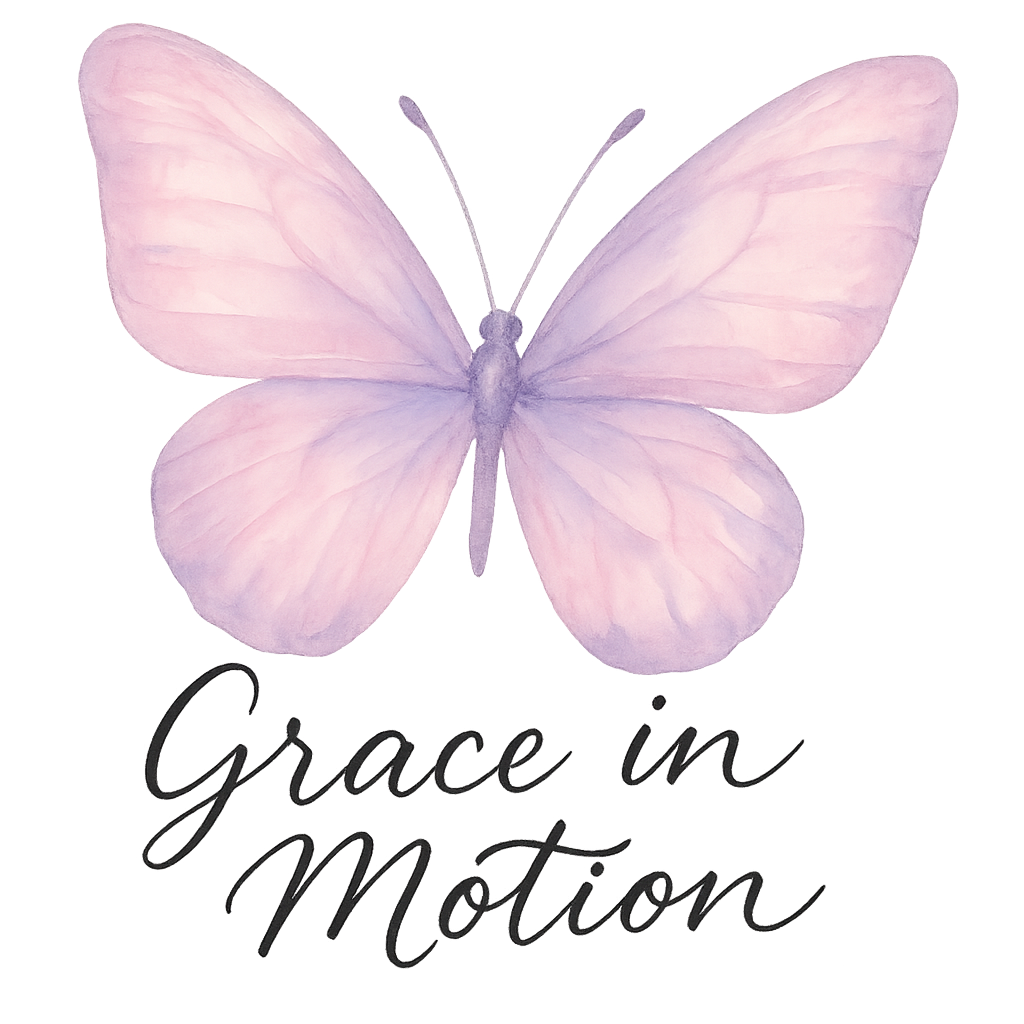 Delicate pastel watercolor butterfly, soft pink and lavender shades, with the phrase “GRACE IN MOTION” in elegant handwritten script, transparent background, high resolution, ideal for feminine T-shirt designs
