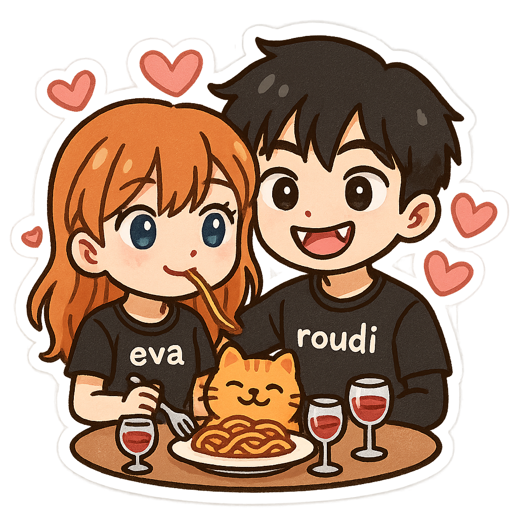 A cute good anime couple, girl with orange hair and blue eyes wearing black pijama with "eva", amazing boy with black hair and brown eyes vampire teeth wearing black pijama with "roudi" , and orange fat cat smile,  having dinner in sweet place full with hearts ,sweet couple sticker style, transparent background, 512x512