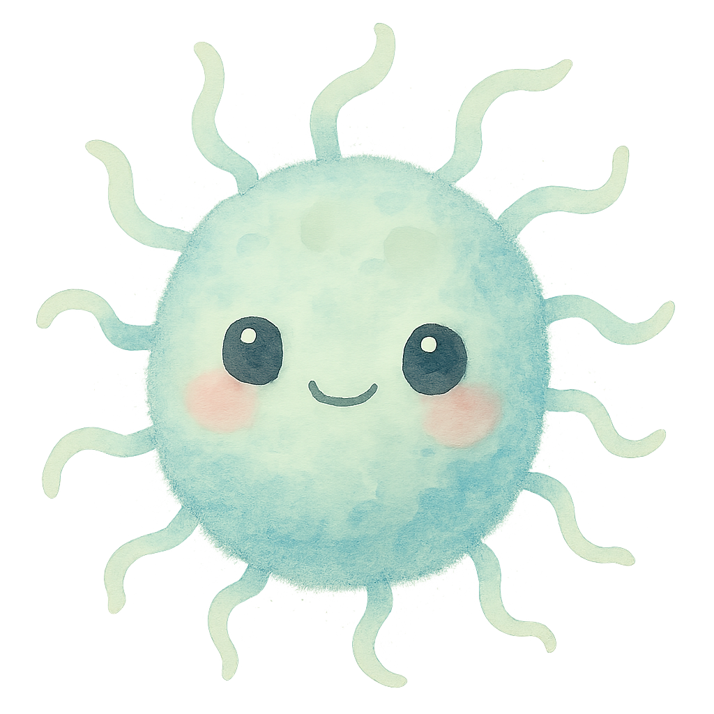 soft watercolor illustration of a cute round teal bacteria with wavy flagella, big shiny kawaii eyes, rosy cheeks, gentle pastel colors, soft edges, friendly expression, no text, no border, transparent background