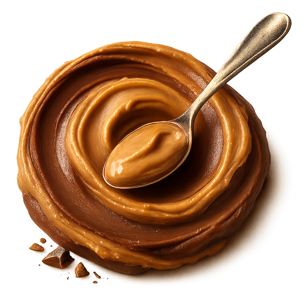 A realistic, appetizing swirl of chocolate peanut butter in rich cocoa-brown and warm nutty tones. The swirl must look natural and hand-scooped — with soft uneven ridges, gentle peaks, and organic flowing curves (NOT a perfect circle). The peanut butter should look creamy, very luscious with a velvety very smooth surface and natural glossy highlights, showing soft light reflections on the peaks and deeper shadows in the folds.  Place a shiny stainless-steel spoon **resting on the swirl**, not dipped in, Add a few small, subtle chocolate pieces or delicate chocolate shavings near the base — elegant and minimal. Soft warm studio lighting for a cozy premium feel. Include a soft natural shadow beneath to make the swirl and spoon appear resting on the label surface.  **Transparent PNG**, no background, no bowl, no table. Centered composition, photorealistic, artisan food photography style.  **Do NOT:** make the swirl perfectly circular,  or symmetrical.