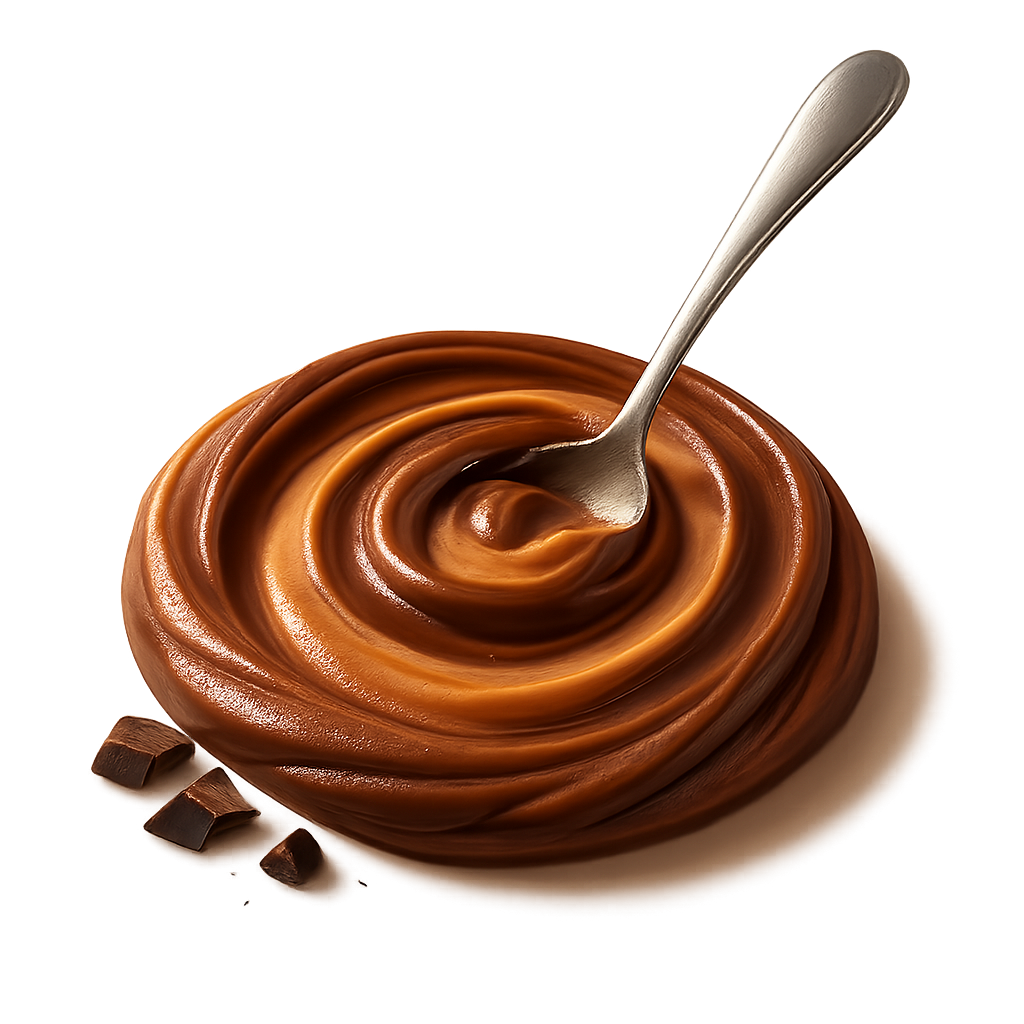 A realistic, appetizing swirl of chocolate peanut butter in rich cocoa-brown and warm nutty tones, with a shiny metallic spoon gently dipped into the swirl. The texture appears smooth, velvety, and indulgent with natural glossy highlights. Add a few small, subtle chocolate pieces or shavings resting softly near the swirl to hint at real chocolate flavor — elegant, not messy. Soft, warm studio lighting for a cozy premium feel. Include a gentle shadow underneath to make the swirl and spoon look naturally grounded, as if resting on the label surface. No background, no bowl, no container — transparent PNG, centered composition, photorealistic detail, artisanal food photography style.