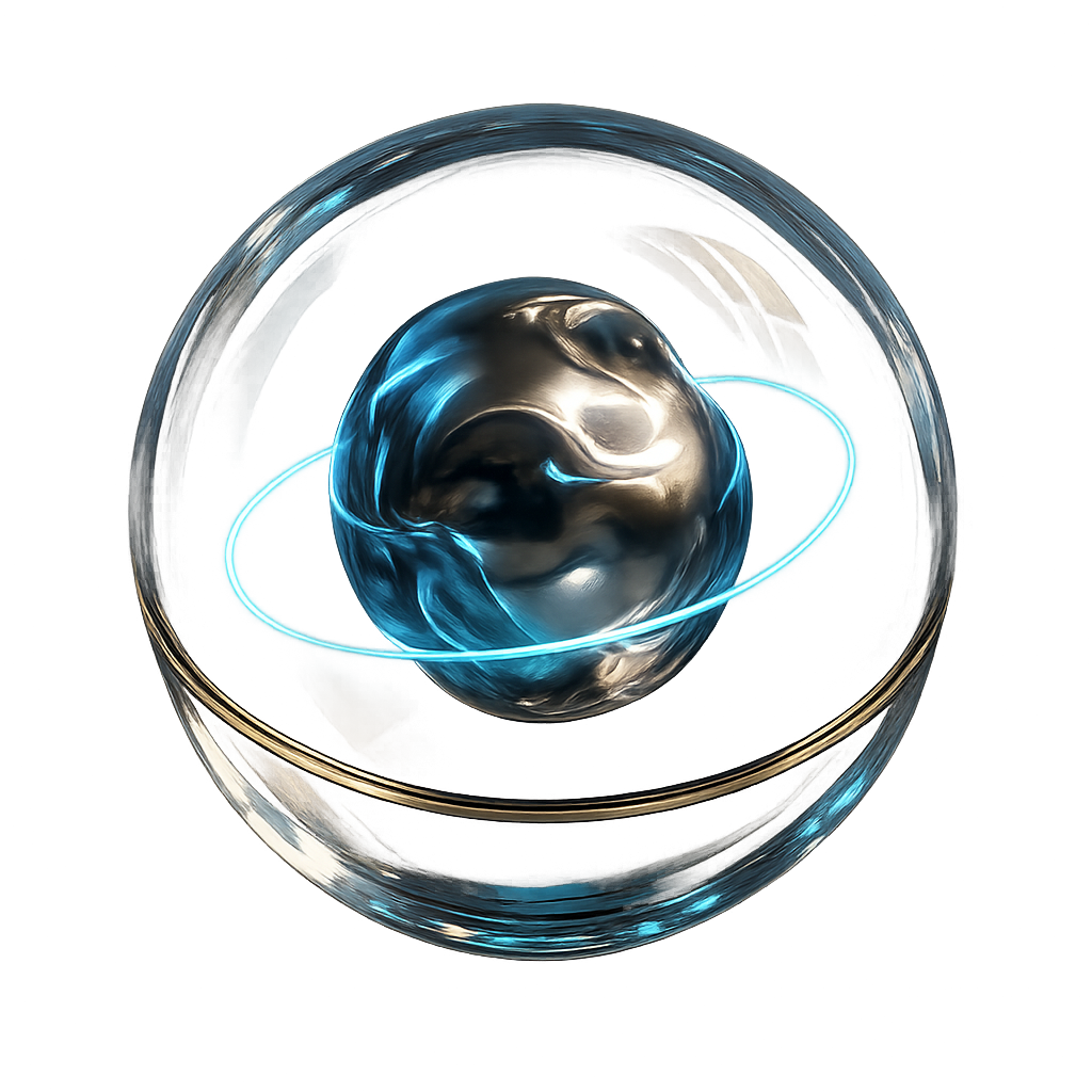 A luxury crystal-glass sphere with a floating liquid-metal core slowly rotating inside, sapphire neon glow, gold accent lines, ultra-realistic reflections, photorealistic, centered --v 5 --ar 1:1 --q 2 --transparent