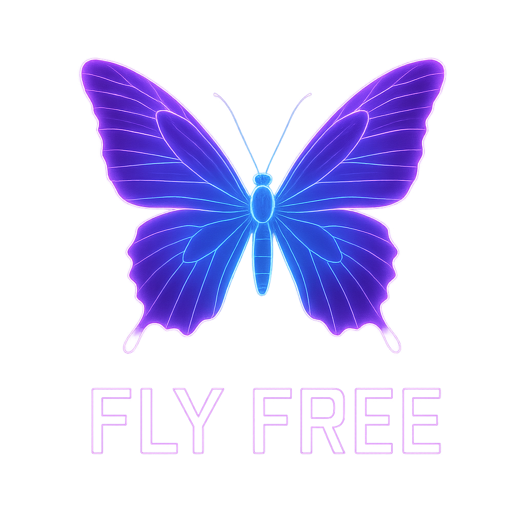 A glowing neon butterfly with vibrant purple and blue wings, cyberpunk glow style, with the bold text “FLY FREE” in modern futuristic font below it, transparent background, high resolution, perfect for print on demand