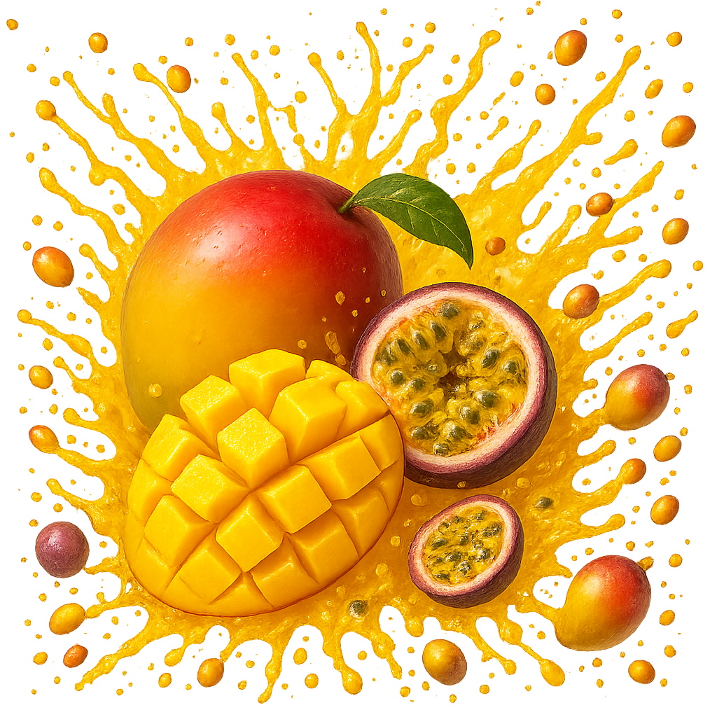 generate spash image of mango and passion with more spash and tiny fruits everywehre