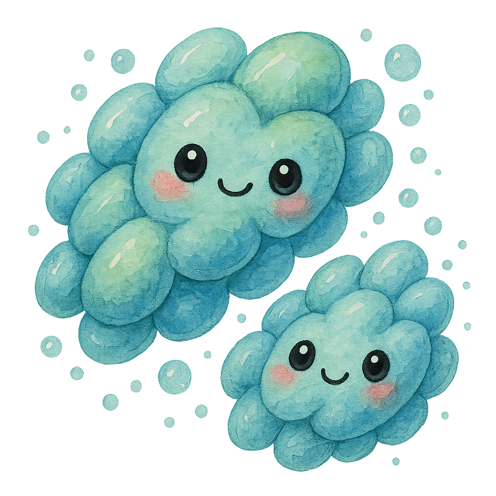 rich watercolor illustration, cute kawaii microbiology character, good probiotic bacteria, plump oval-shaped bacteria clusters with soft teal and soft sky-blue blended pigments, little bubbly shapes around them, big shiny eyes, rosy cheeks, gentle shading, watercolor paper texture, soft edges, no text, no border, transparent background