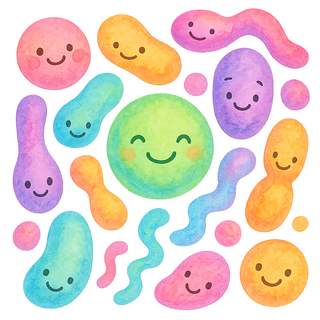 vibrant watercolor illustration of smiling probiotic bacteria in saturated pastel rainbow tones, round squishy shapes, kawaii faces, no text, no border, transparent background