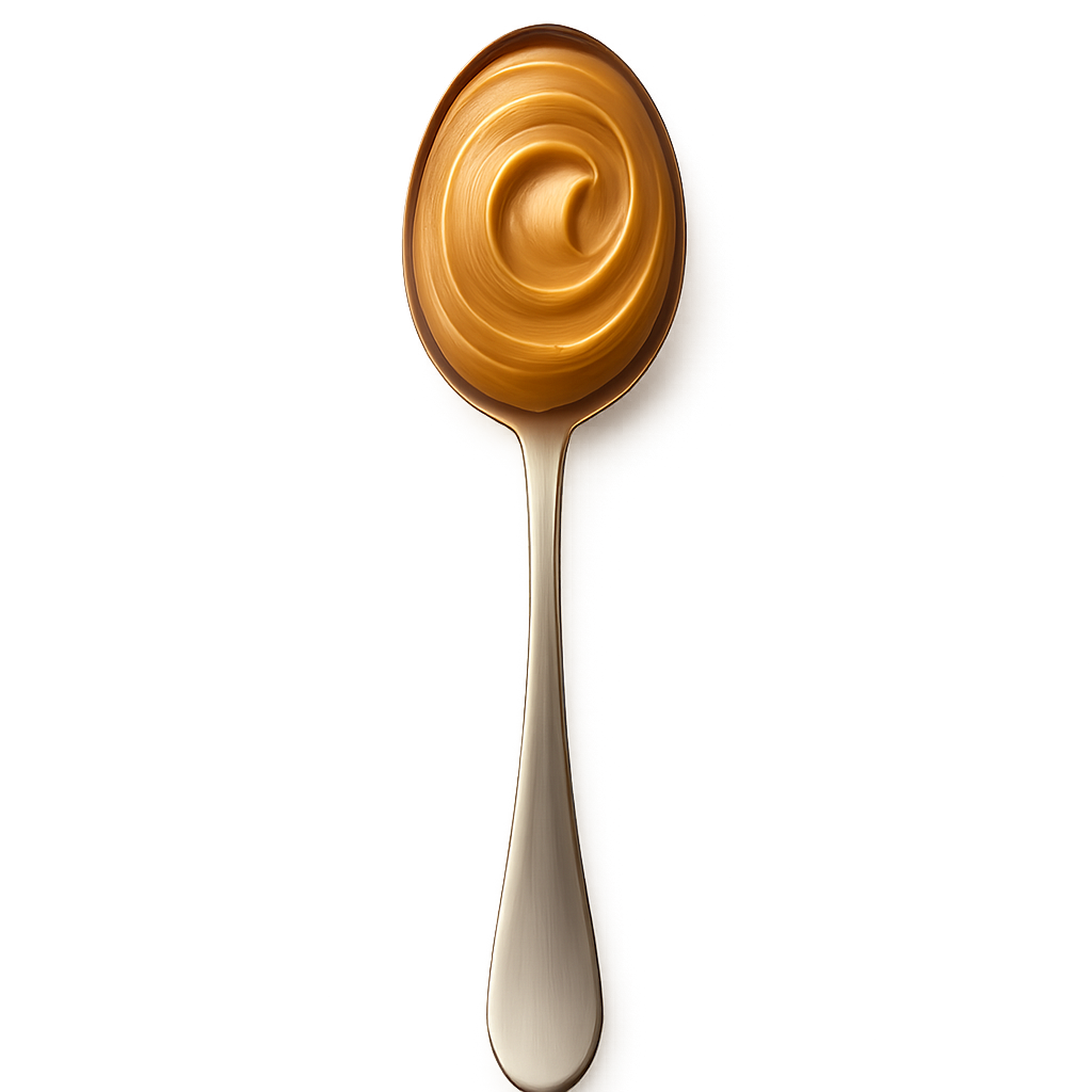 A full stainless steel spoon filled with creamy smooth peanut butter, photographed from a top-down overhead angle. The spoon must be shown **entirely from handle tip to scoop**, with **large empty space above, below, and around it** so that nothing touches the edge of the image. The peanut butter appears velvety, glossy, thick, with soft natural swirl texture. Warm soft studio lighting for a premium artisanal look. Include a soft, subtle shadow beneath the spoon to make it appear resting on the label surface. Transparent PNG, no background.  **Composition instructions:**  - Spoon should appear **small enough so the entire object fits comfortably inside the frame** - **At least 15% padding** around all sides   - **Vertical centered orientation**  **Do NOT:** crop the spoon, zoom in, cut off any part of the spoon, reframe, or rotate.  FULL SPOON, NO CROPPING, EXTENDED CANVAS SPACE, GENEROUS PADDING AROUND ENTIRE SPOON.Zoom OUT until the full spoon is visible. Reduce crop. Increase canvas. Do not fill frame.