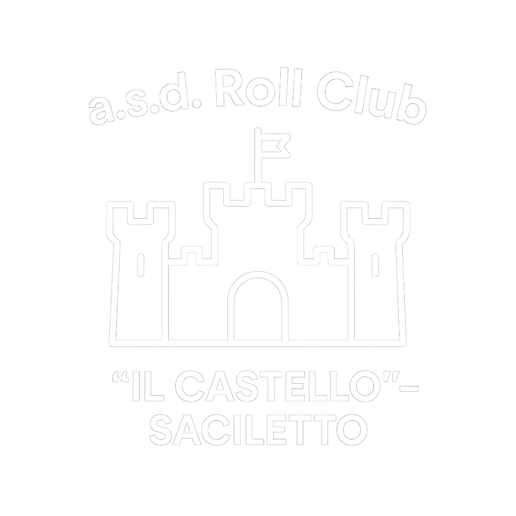 Minimal clean white logo on transparent background. A stylized castle with two side towers with battlements, central archway, and a small flag on top. Symmetric, smooth lines, modern vector-style look.  Above the castle, the text "a.s.d. Roll Club" in bold clean font.  Below the castle, the text '"IL CASTELLO" – SACILETTO' in matching font.  All elements in solid white, no shadows, no textures.  High resolution 2000x2000 px, suitable for printing on fabric, PNG with transparent background.