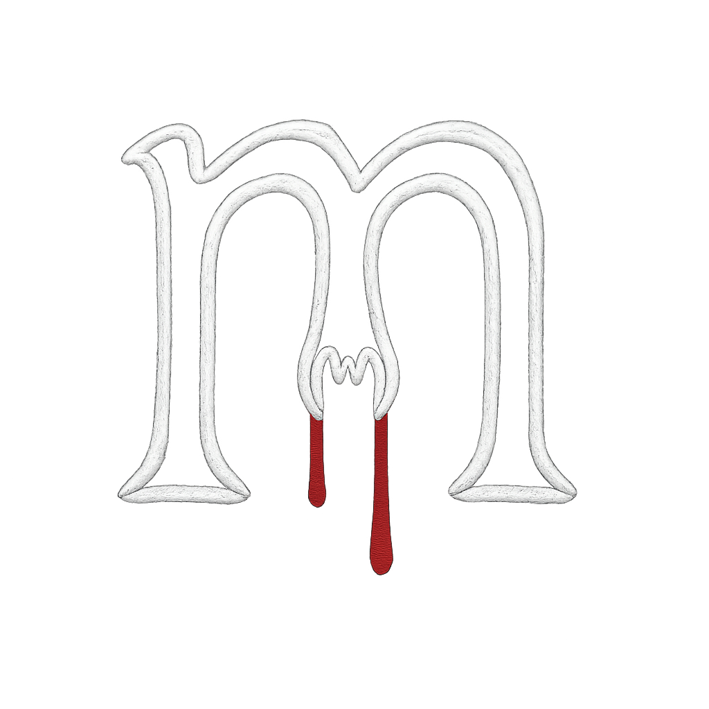 a white spooky outline of the lowercase letter m with bloody fangs