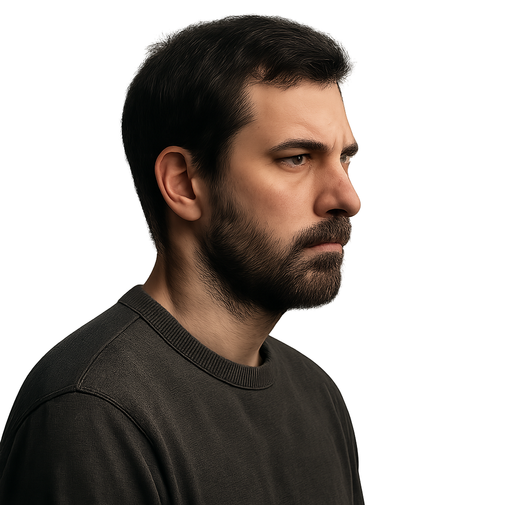 A MAN WITH SERIOUS EXPRESSION NOT TO BRIGHT LIGHTNING SIDE PROFILE IN CASUAL CLOTHES