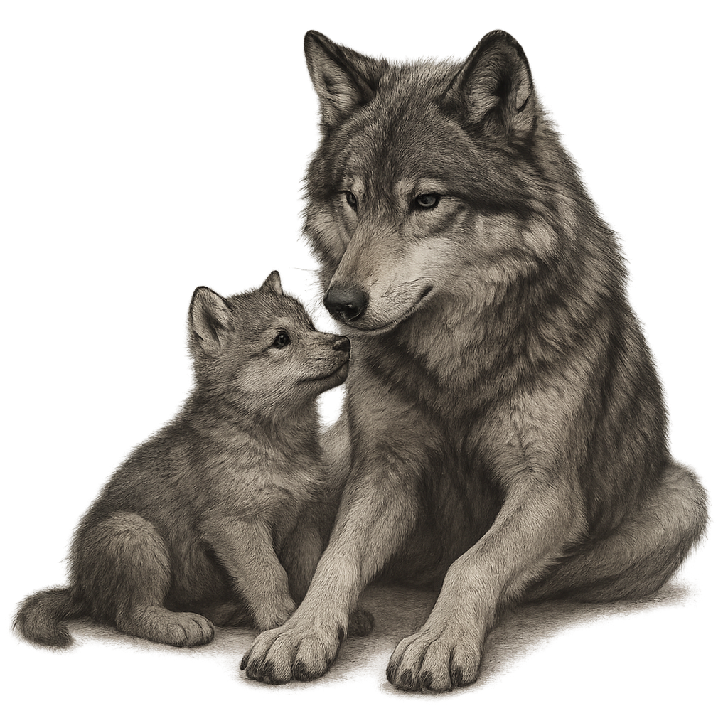 Wolf, Mama mit Wolf Welpen