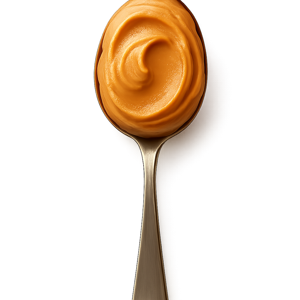 A realistic, appetizing full spoonful of creamy smooth peanut butter, shown in full from handle to scoop, photographed from a top-down angle. The peanut butter appears thick, velvety, and rich, with subtle natural texture lines and glossy highlights. The spoon should be fully visible and centered, made of clean stainless steel with gentle reflections. Include a soft, natural shadow directly beneath the spoon and peanut butter to make it appear as if resting on the label surface. Warm, soft studio lighting for a cozy, premium artisan feel. No background, no table, no additional elements — transparent PNG. Photorealistic detail, crisp edges, high-end food photography quality.