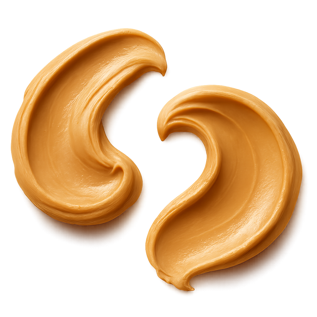 two smooth, appetizing peanut butter swash spreads in an elegant curved strokes, rich golden-beige tones, creamy and glossy texture with natural highlights, appearing thick and luscious. The edges of the spreads are soft and organic, as if lightly smoothed with a knife. Warm soft lighting to enhance depth and richness. Include gentle, realistic shadows beneath each swash so they appear resting on the label surface. No background, no plate or surface — transparent PNG, photorealistic detail, premium artisanal food styling, refined and minimal, cozy warm visual mood.make the swashes shapes dynamic and flowing, like natural brush strokes facing each other , visually guiding the eye across the label.