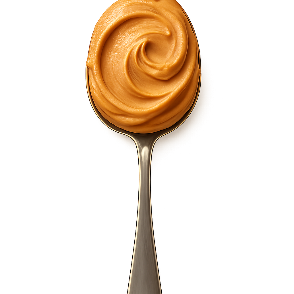 A realistic, appetizing full spoonful of creamy smooth peanut butter, shown in full from handle to scoop without cropping any part, photographed from a top-down angle. The peanut butter appears thick, velvety, and rich, with subtle natural texture lines and glossy highlights. The spoon should be fully visible and centered, made of clean stainless steel with gentle reflections. Include a soft, natural shadow directly beneath the spoon and peanut butter to make it appear as if resting on the label surface. Warm, soft studio lighting for a cozy, premium artisan feel. No background, no table, no additional elements — transparent PNG. Photorealistic detail, crisp edges, high-end food photography quality.