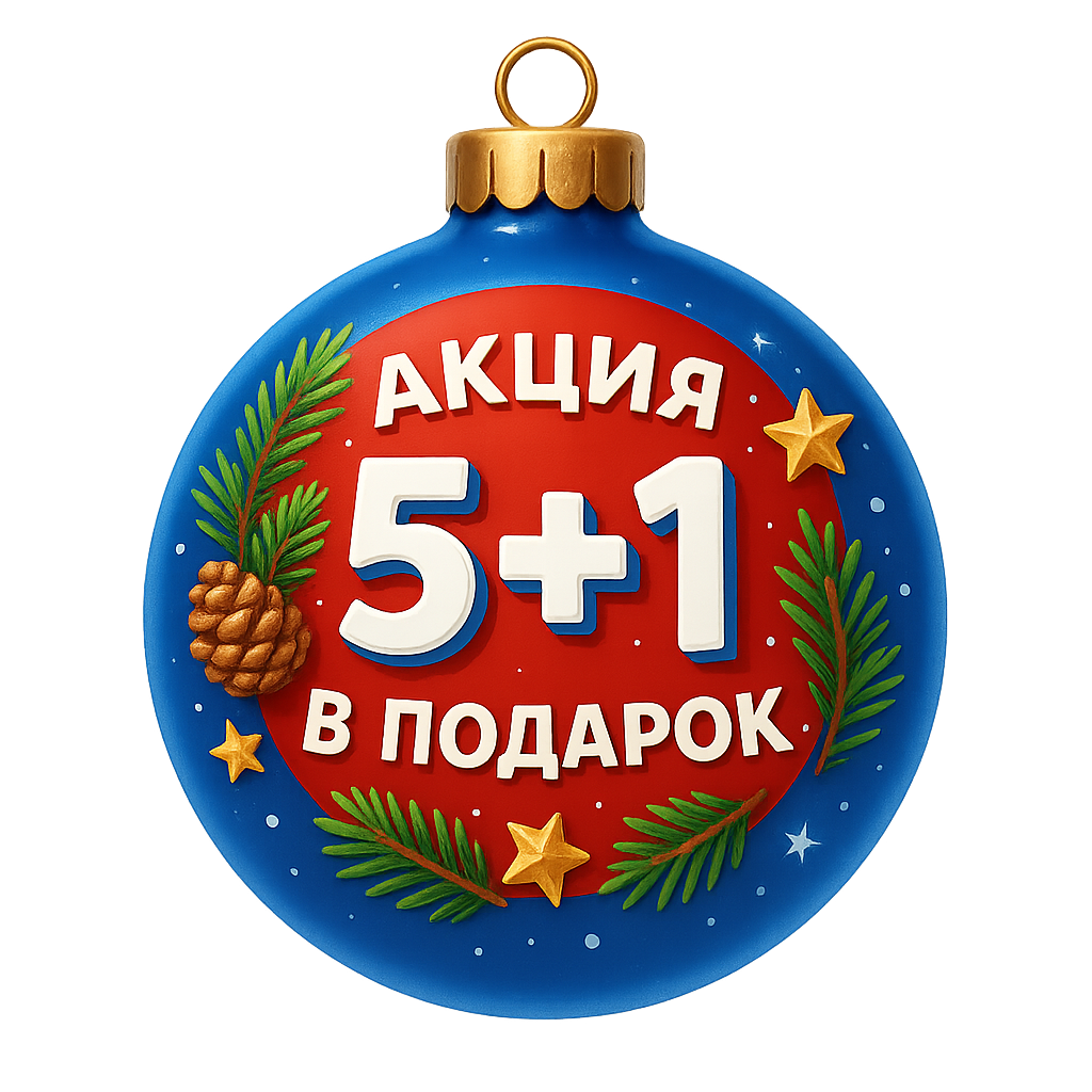 Формат и фон:  Формат: PNG  Фон: полностью прозрачный (только сама форма шара видна, края прозрачные)  Форма:  Круглая, как настоящая ёлочная игрушка  С реалистичной петелькой/креплением сверху  Стиль:  Яркий, магазинный промо-стиль  Праздничная, новогодняя палитра: красный, СИНИЙ, белый.   Новогодние декоративные элементы (шишки, ёлочные ветки, звёздочки)  Лёгкие блики, глянец, эффект реальной ёлочной игрушки  Возможен мягкий световой ореол вокруг шара для эффекта «магии праздника»  Текст на наклейке:  Верхняя часть: АКЦИЯ:  Центр: 5+1   Ниже: В ПОДАРОК  Шрифт: яркий, легко читаемый, с 3D-эффектом или лёгкой тенью  Цвет текста: контрастный с фоном, чтобы хорошо читался (например, белый с тёмной тенью на красном фоне)  Дополнительно:  Реалистичная петелька сверху, как на настоящей игрушке  Сохранять праздничный, рекламный стиль  Эффект глубины: лёгкий объём шара за счёт г