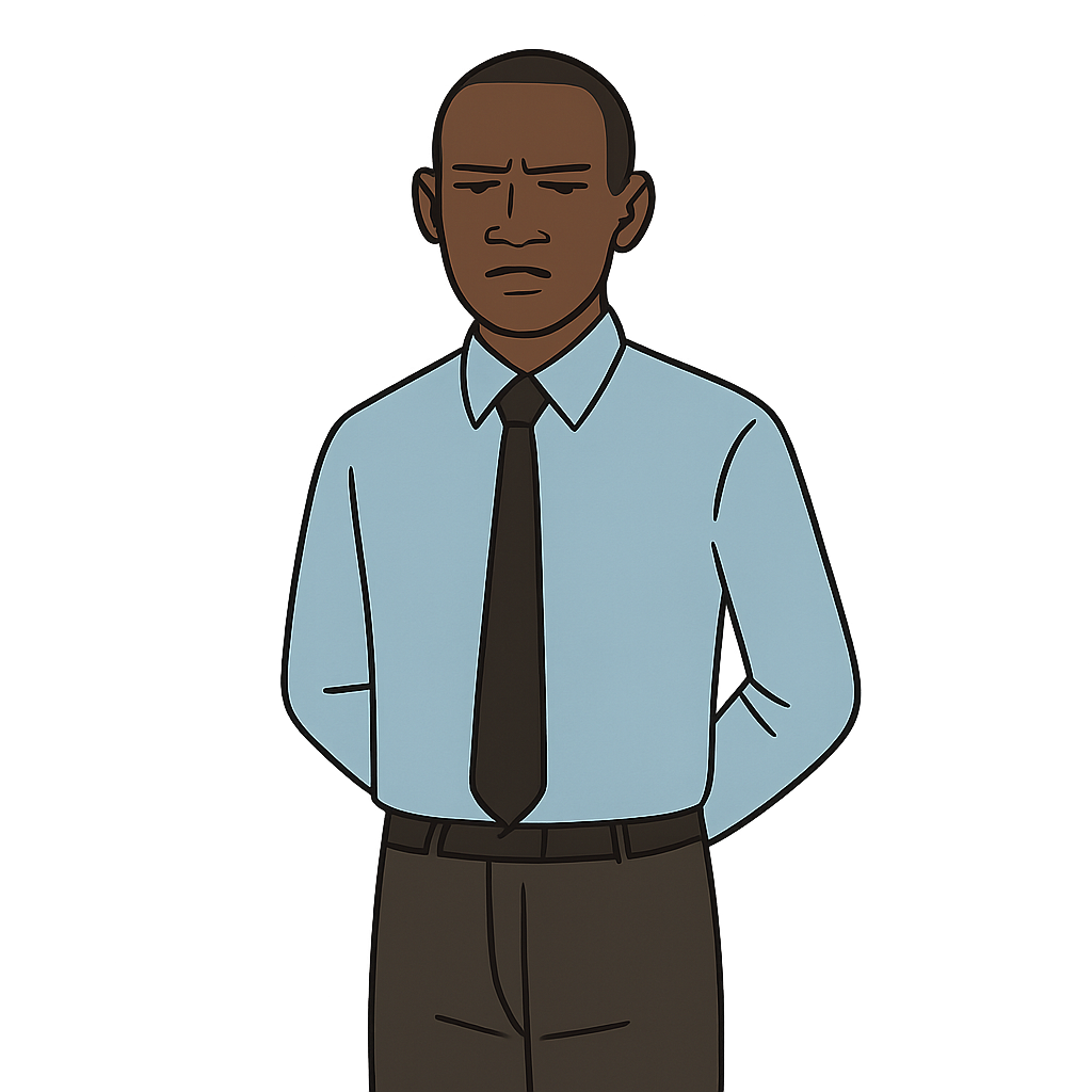"Flat 2D drawn-style Ugandan male teacher, stern posture, arms behind back, long-sleeve light-blue shirt, dark tie, dark trousers, narrow eyes, short cropped hair, front-facing, minimal shading, simple classroom-appropriate outfit, transparent background, 2048x2048."