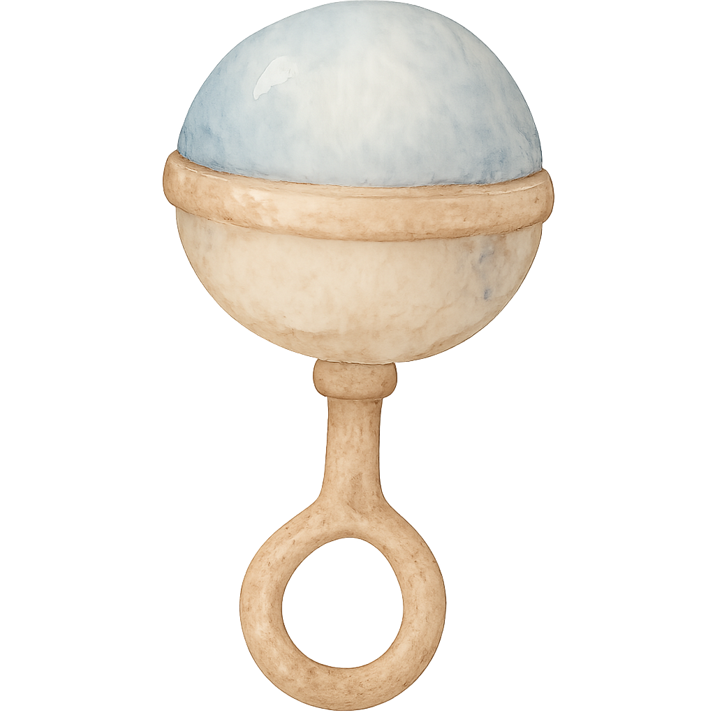 watercolor vintage baby rattle, round top with small handle, soft pastel blue beige and brown palette, hand-painted texture, gentle highlights and shadows, cute baby shower theme, transparent background, high quality