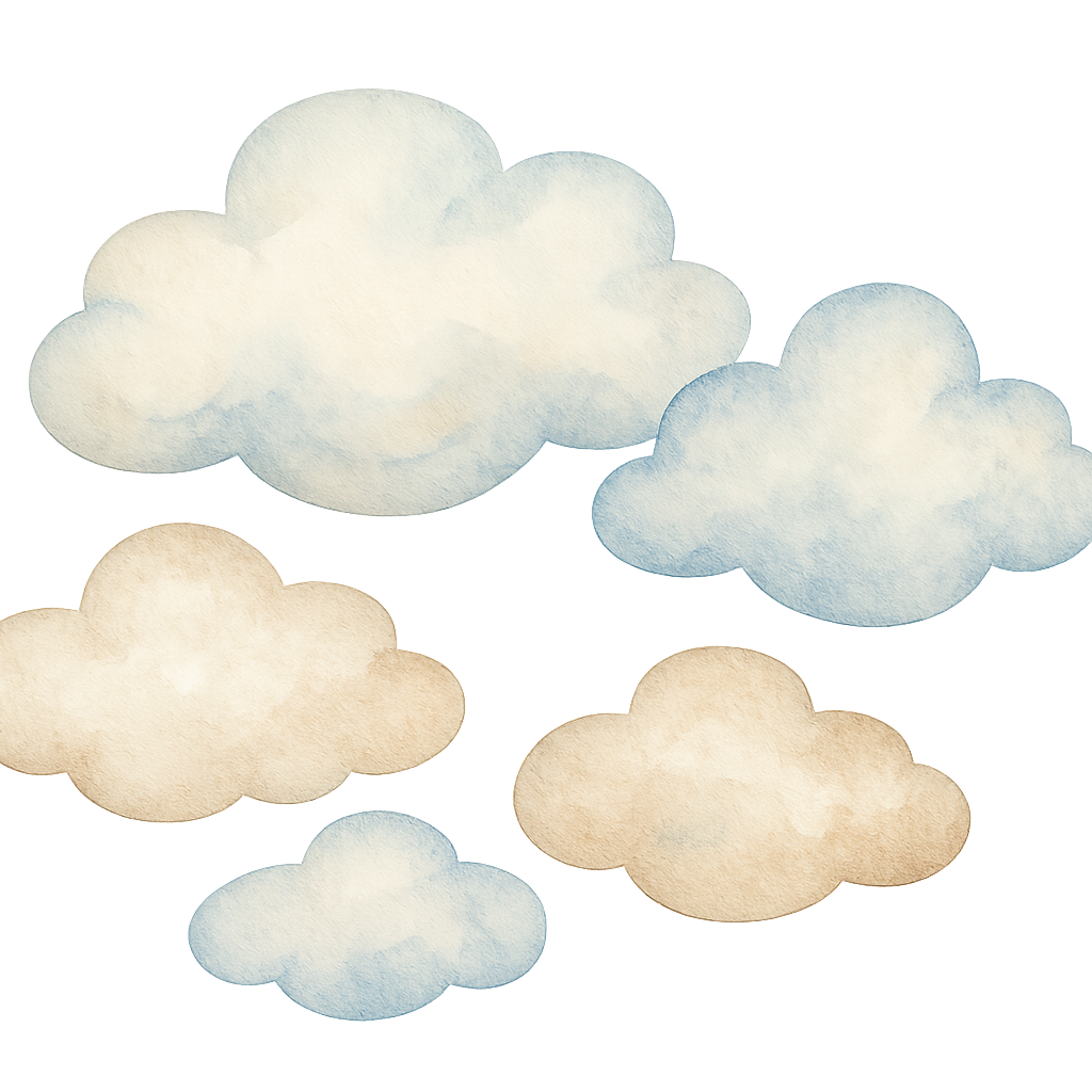 watercolor vintage baby clouds, soft fluffy shapes, pastel blue beige and light brown tones, gentle shading, cozy hand-painted texture, cute baby shower theme, several clouds grouped together, transparent background, high quality illustration