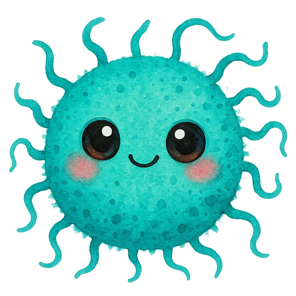vibrant watercolor illustration of a cute round teal bacteria with strong pigment, rich color saturation, defined soft edges, wavy flagella, big shiny kawaii eyes, rosy cheeks, friendly expression, no text, no border, transparent background