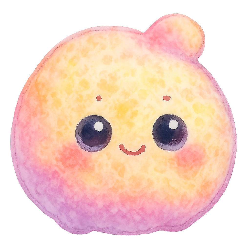 rich vibrant watercolor illustration, cute kawaii microbiology character, chubby round pastel rainbow yeast buddy, soft bumpy surface like rising dough, gentle bubbly texture, warm peach, pastel pink, lavender and buttercream yellow blending, big shiny eyes with pale blue and pale pink highlights so they do not disappear on transparency, tiny dot eyebrows, small smiling mouth, rosy cheeks, soft edges, no text, no border, transparent background