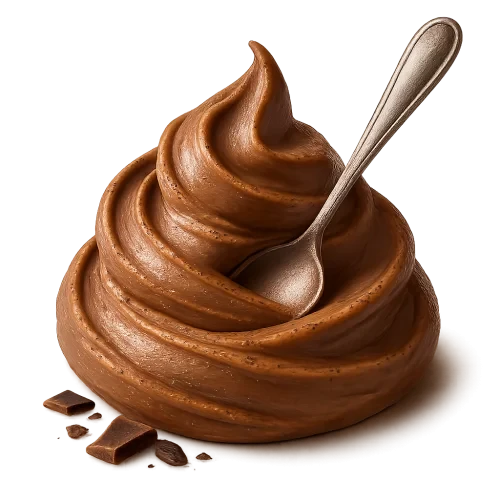 A realistic, appetizing **natural swirl** of chocolate peanut butter, rich cocoa-brown with warm nutty undertones. The swirl should look hand-scooped and organic — softly curved with gentle peaks and natural uneven texture lines, not too perfect or machine-smooth. A shiny metallic spoon rests lightly in the swirl as if just used. Add a few **small chocolate pieces or delicate chocolate shavings** around the base of the swirl — elegant, minimal, not scattered. Soft warm studio lighting enhances the creamy, velvety gloss and depth. Include a subtle soft shadow underneath to make the swirl and spoon appear resting on the label surface. **Transparent PNG**, no background, no bowl, no table. Centered composition, photorealistic, premium artisan food photography style.