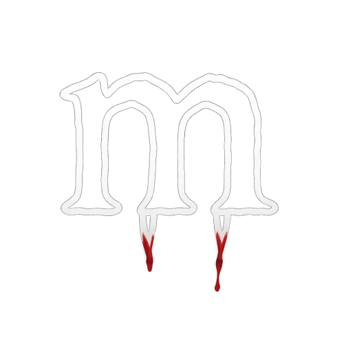 a white spooky outline of the lowercase letter m with bloody fangs