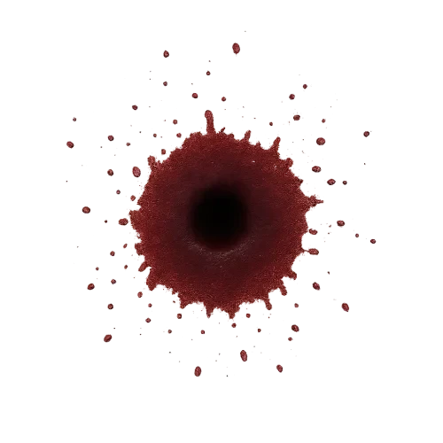Top-down view of a single bullet hole decal, designed for video games, small round blood splatter with dark red dried edges, realistic but not gory, seamless texture, transparent background, isolated asset, centered on canvas, no objects, no text, no background, no 3D render, no extra elements.
