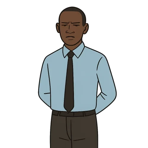 "Flat 2D drawn-style Ugandan male teacher, stern posture, arms behind back, long-sleeve light-blue shirt, dark tie, dark trousers, narrow eyes, short cropped hair, front-facing, minimal shading, simple classroom-appropriate outfit, transparent background, 2048x2048."