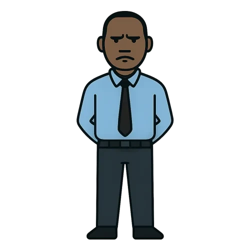 Flat 2D vector-style Ugandan male teacher, stern posture, arms behind back, long-sleeve light-blue shirt, dark tie, dark trousers, narrow eyes, short cropped hair, front-facing, minimal shading, bold outlines, simple classroom-appropriate outfit, transparent background, the borders of the image should not be thick2048x2048.
