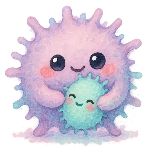 rich vibrant watercolor illustration, cute kawaii microbiology character, big fluffy macrophage nom-nom gently hugging a tiny pastel germ friend (wholesome, non-threatening), pastel lavender, mint, and cotton candy pink pigments, big shiny eyes, rosy cheeks, soft edges, no text, no border, transparent background, no color outside of graphic