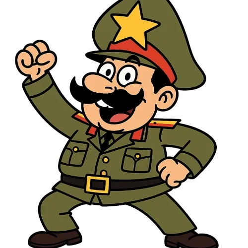 “Goofy cartoon Vietnamese colonel, oversized uniform, huge star hat, silly heroic pose, funny mustache, expressive eyes, vibrant colors, PNG transparent background, simple bold outlines, perfect for memes, humorous and light-hearted.”