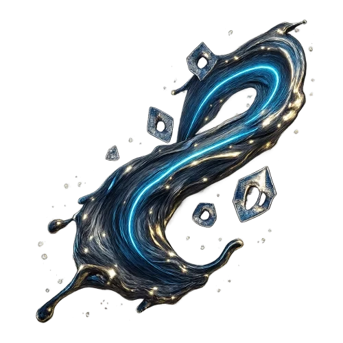 Flowing liquid-metal stream with suspended crystal particles, sapphire neon light trails, gold reflective accents, dynamic motion, ultra-luxury futuristic style, centered