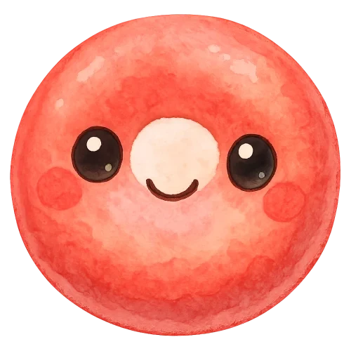 rich vibrant watercolor illustration, cute kawaii microbiology character, round donut-shaped red blood cell buddy with soft padded texture, pastel coral and peach pink pigments softly blended through the center, big shiny eyes with light colored highlights, rosy cheeks, soft edges, no text, no border, no color overlapping graphic outline,transparent background
