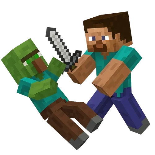 "A Minecraft player character attacking a zombie villager, which is falling backward. The image should focus on the specific original Minecraft game textures. The background should be transparent or plain white, suitable for a graphic cutout."